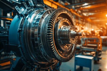Fototapeta premium Close-up shot of industrial machinery in a modern factory setting, showcasing precision engineering and advanced technology.