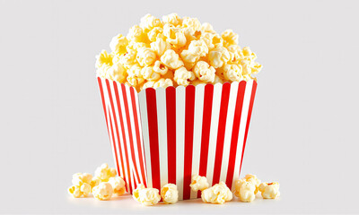 A vibrant striped popcorn bag, bursting with fluffy, golden popcorn, isolated on a transparent background