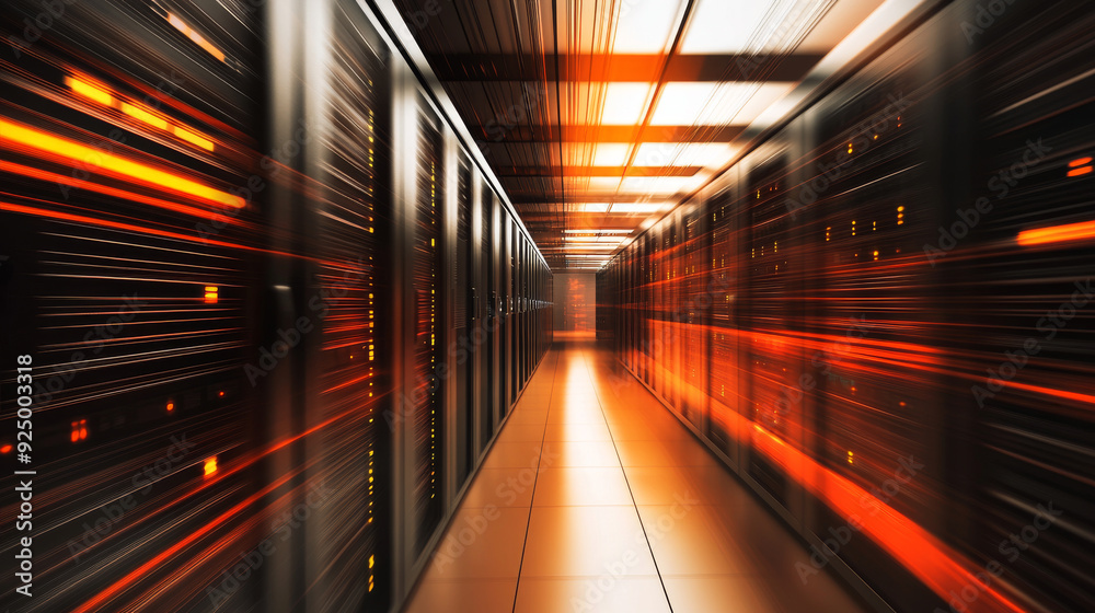Poster a defocused corridor view in a spacious data center, featuring rows of rack-mounted servers and supe