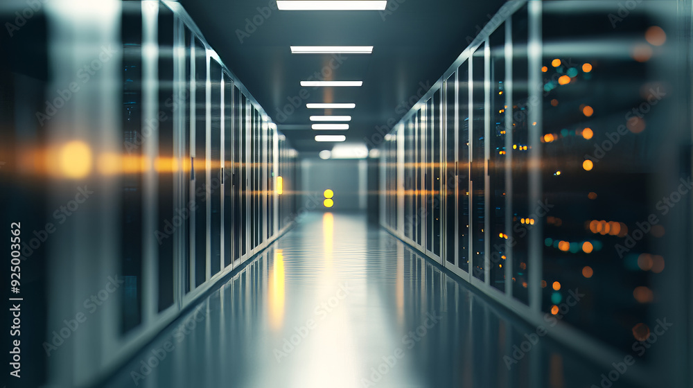 Poster a defocused corridor view in a spacious data center, featuring rows of rack-mounted servers and supe