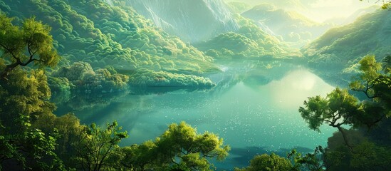 A serene landscape showcasing a lake embraced by lush hills its vivid emerald waters gleaming like jade with dense trees casting vibrant hues under sunlight offering a peaceful scene with copy space