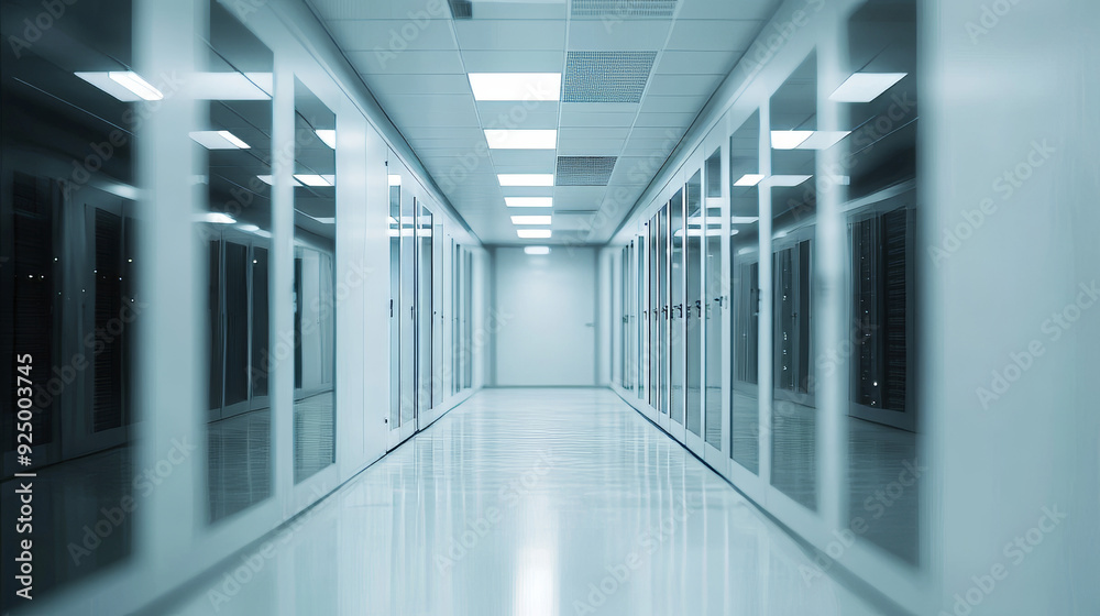 Poster a defocused corridor view in a spacious data center, featuring rows of rack-mounted servers and supe