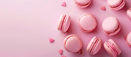 Obraz premium Macaroons dessert presented against a pink backdrop with ample copy space in a top-down view.
