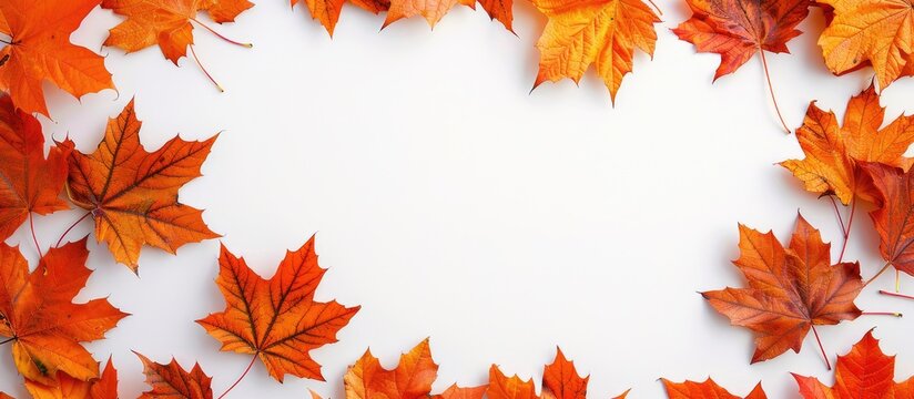 Top view of autumn maple leaves creating a border on a white background with a frame for a copy space image.