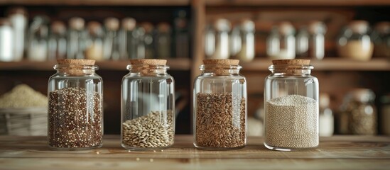 Glass jars with lids in a kitchen pantry containing grains like quinoa flax and hemp seeds for cooking displayed in a copy space image