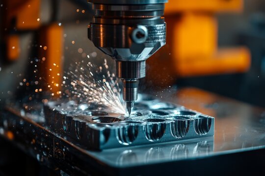 CNC milling machine cutting metal workpiece with cooling fluid, creating precise shapes and designs. Industrial engineering process in action.