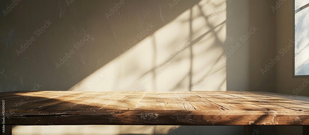 Poster a wooden table set against a wall with soft window lighting creating subtle shadows perfect for a se