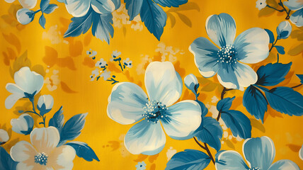 Vibrant Blue Floral Pattern on Yellow Background