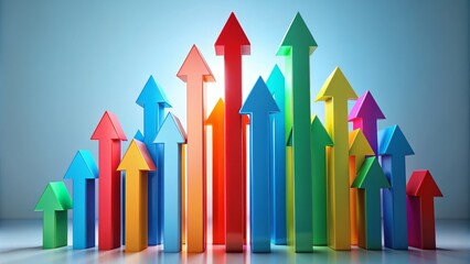 Upward trajectory concept represented by multiple colorful arrows converging and pointing upwards, symbolizing growth, progress, and success in a modern business or financial context.