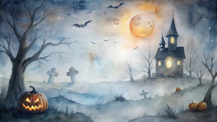 Spooky Halloween scene with a glowing Jack-o'-lantern, haunted house, full moon, and flying bats in a misty graveyard. Perfect for Halloween decorations, cards, and themed projects