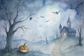 Spooky Halloween scene with a glowing Jack-o'-lantern, haunted house, full moon, and flying bats in a misty graveyard. Perfect for Halloween decorations, cards, and themed projects.