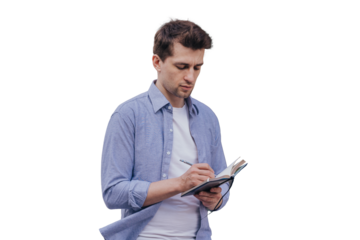 Thoughtful architect wearing lilac shirt walking against transparent background writing down notes in a diary against blurry glass building. Overloaded student writing memo in diary g