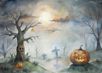 Spooky Halloween scene with a glowing Jack-o'-lantern, haunted house, full moon, and flying bats in a misty graveyard. Perfect for Halloween decorations, cards, and themed projects.