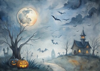 Spooky Halloween scene with a glowing Jack-o'-lantern, haunted house, full moon, and flying bats in a misty graveyard. Perfect for Halloween decorations, cards, and themed projects.