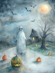 Spooky Halloween scene with a glowing Jack-o'-lantern, haunted house, full moon, and flying bats in a misty graveyard. Perfect for Halloween decorations, cards, and themed projects.