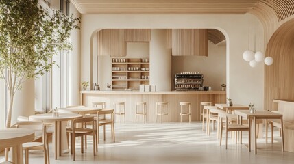 A sleek cafe features light wood furnishings, abundant natural light, and a simple counter setup, inviting a calm atmosphere for relaxation or work.
