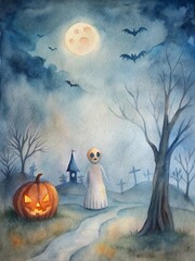 Spooky Halloween scene with a glowing Jack-o'-lantern, haunted house, full moon, and flying bats in a misty graveyard. Perfect for Halloween decorations, cards, and themed projects.