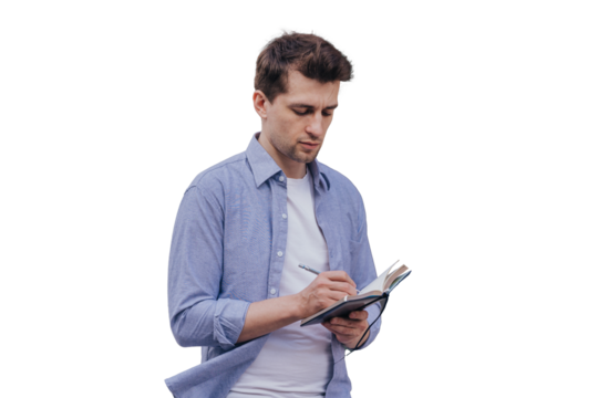 Thoughtful architect wearing lilac shirt walking against transparent background writing down notes in a diary against blurry glass building. Overloaded student writing memo in diary g - Powered by Adobe