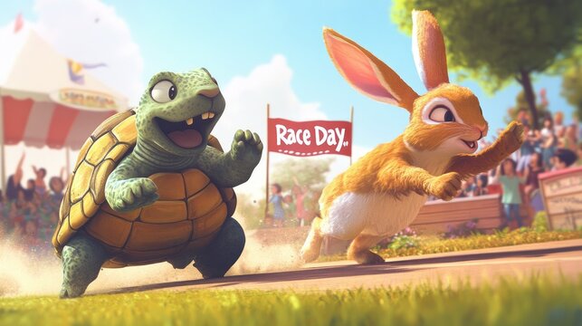 A cartoon tortoise and hare racing in a fun and lighthearted competition, with a cheering crowd and a banner reading "Race Day."