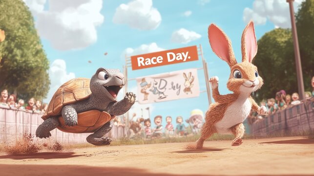 A cartoon tortoise and hare racing in a fun and lighthearted competition, with a cheering crowd and a banner reading "Race Day."