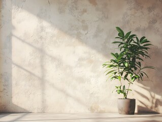 Minimalist Warm Cream Wall with Potted Plant and Soft Natural Light - Subtle Textured Background for Modern Home Decor Concepts - High-Quality Stock Photo for Interiors