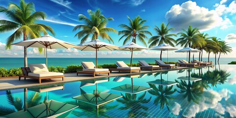 Fototapeta premium Vibrant afternoon scene of a modern poolside lounge, adorned with sleek furniture, umbrellas, and palm trees, reflecting off the turquoise waters and cerulean sky.