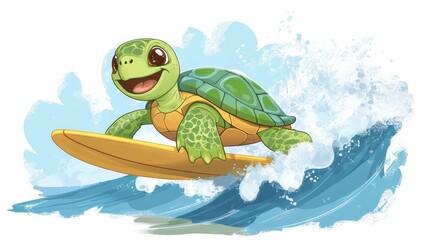 Obraz premium A cartoon turtle with a surfboard, riding a wave with a big smile, enjoying a day at the beach and embracing the surf culture.