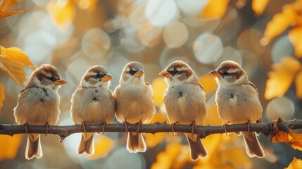 Fototapeta premium Charming Group of Sparrows Perched on a Branch Amidst Golden Autumn Leaves, Capturing Nature's Warmth.