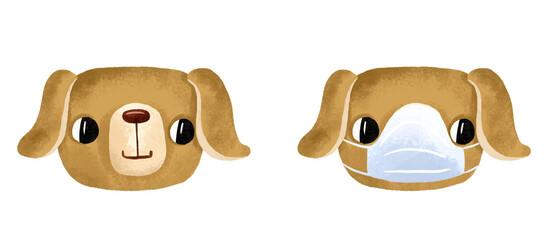 Cartoon dog with and without medical mask. Diseases and viruses, coronavirus epidemic. Hand-drawn illustration on isolated background.