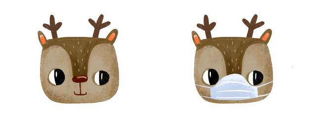 Cartoon deer with and without a medical mask. Diseases and viruses, coronavirus epidemic. Hand-drawn illustration on an isolated background.