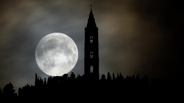 Bell tower in the Russian Convent of the Ascension , Time Lapse by Night with Full Moon, Mount of Olives, Jerusalem, Israel