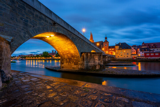 Panoramic view of Regensburg's old town on the Danube in Germany.