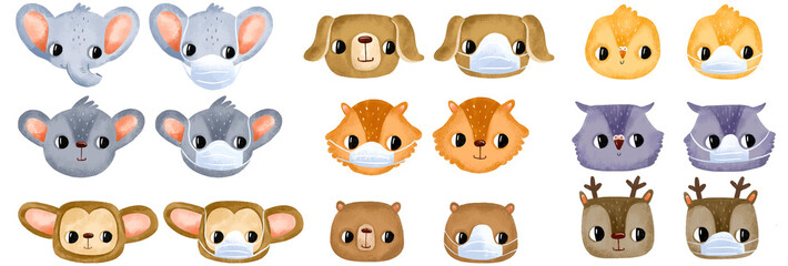 Lively cartoon animals in medical masks and without masks. Illustration for a children's clinic. Coronavirus virus, diseases and protection. Illustration drawn on an isolated background
