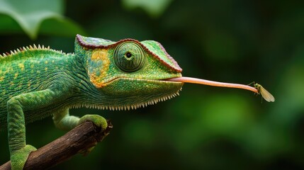 A chameleon extending its long, sticky tongue to catch an insect, showcasing its hunting technique and adaptability.