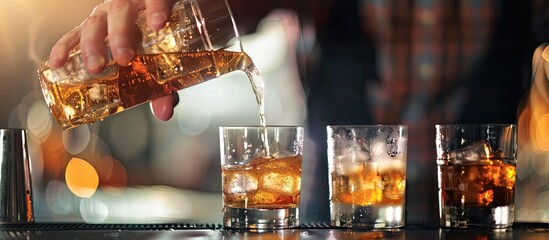 Detailed shot presentation with a barman pouring strong spirits into small glasses Focus on beverage service with a copy space image