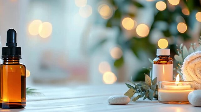 A tranquil spa area featuring lit candles, essential oil bottles, fresh towels, and pebbles creating a calming atmosphere for relaxation.