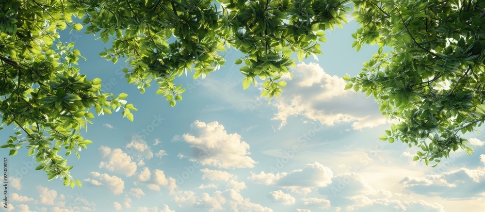 Poster copy space image of green tree branches set against a sky with fluffy white clouds creating a serene