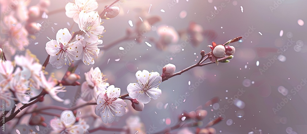 Sticker Plum blossoms on a branch in a spring themed background with numerous small white flowers and ample copy space image