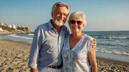 Beautiful happy senior couple dating at the seaside during summertime - Mature married couple in love bonding outdoors at the beach, concepts about elderly lifestyle, relationship and quality of life