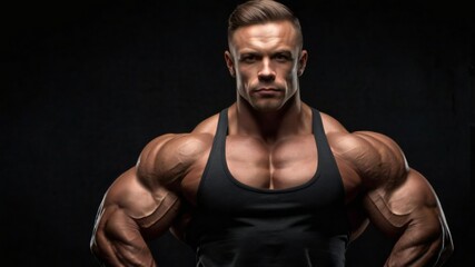 Fototapeta premium Bodybuilder posing on black background. Beautiful sporty guy male power. Fitness muscled man standing at the studio