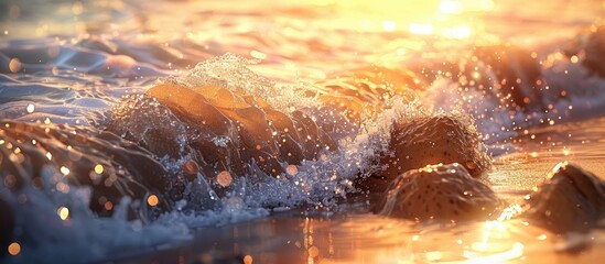 Fototapeta premium A beautiful scene of wave texture hitting rocks with droplets under warm golden hour light creating a captivating copy space image