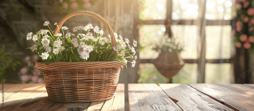 Sticker Light wooden table with a wicker basket filled with lovely flowers offering ideal copy space image