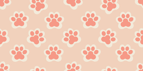 Seamless pattern of paws and cat toys. Vector illustration.