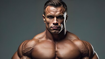 Obraz premium Bodybuilder posing on black background. Beautiful sporty guy male power. Fitness muscled man standing at the studio