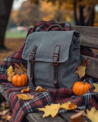 Canvas backpack placed on a wooden bench surrounded by pumpkins and autumn leaves
