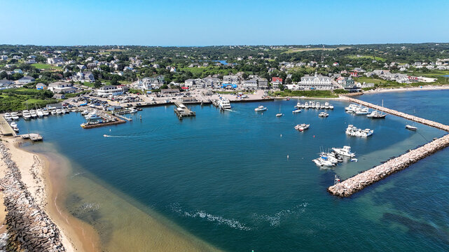 New Shoreham, RI, USA - August 5 2024: Aerial image of Old Harbor, Block Island, New Shoreham, RI and local downtown area and ferry terminal.
