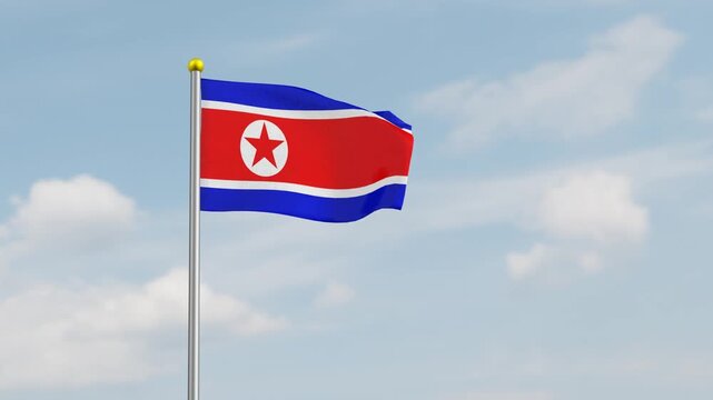 3D animation of the North Korean flag waving with a clear sky background. Perfect for independence day. North Korea Flying flag in the wind with fabric texture. north korea fluttering flag.