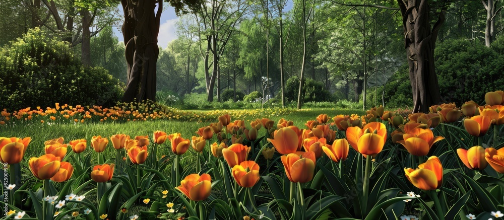 Canvas Prints tulips with yellow blossoms in the park setting with a copy space image