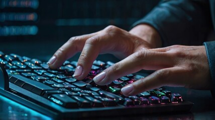 One person typing on futuristic glowing computer