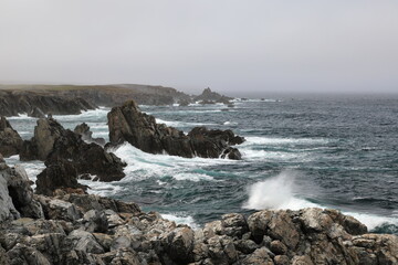 A rocky shoreline on the Atlantic Ocean  in The Dungeon Provincial Park, Bonavista Peninsula Newfoundland and Labrador, Canada.
